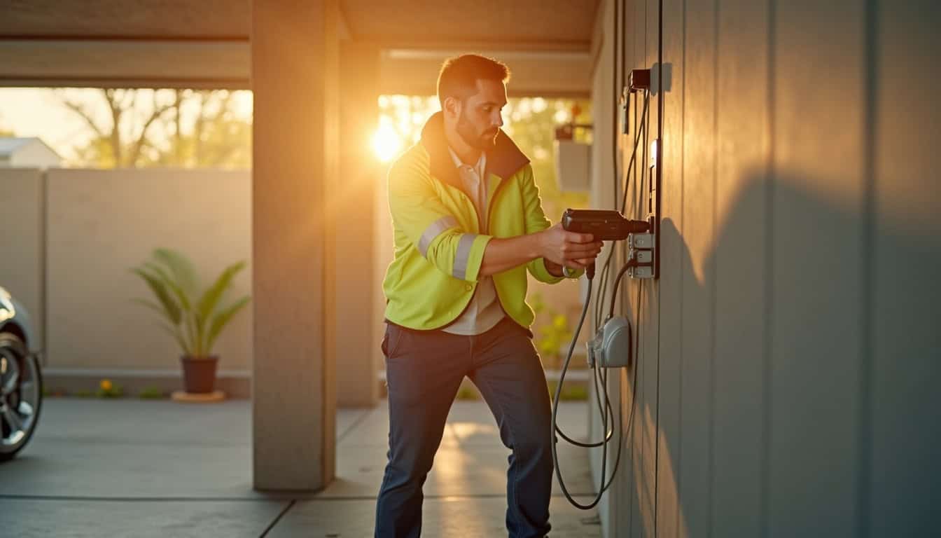 Technicien installant une borne de recharge électrique dans un garage à Saint-Bonnet-le-Château