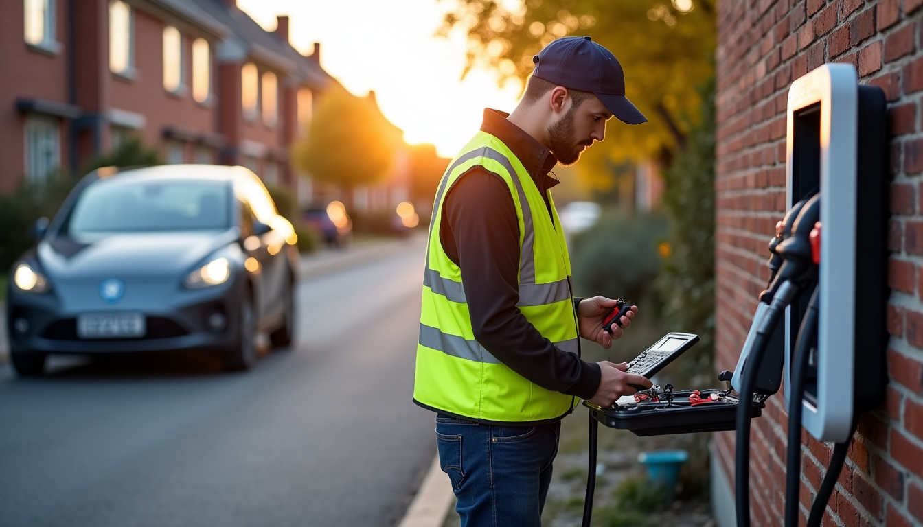 Technicien IRVE certifié en train de tester une borne électrique nouvellement installée à Pierrelaye