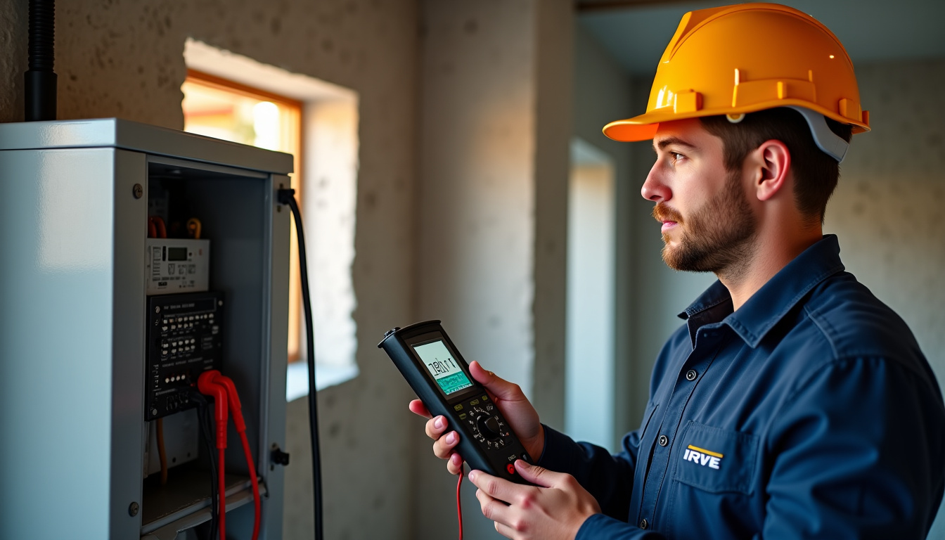 Technicien IRVE effectuant un diagnostic électrique avant installation d
