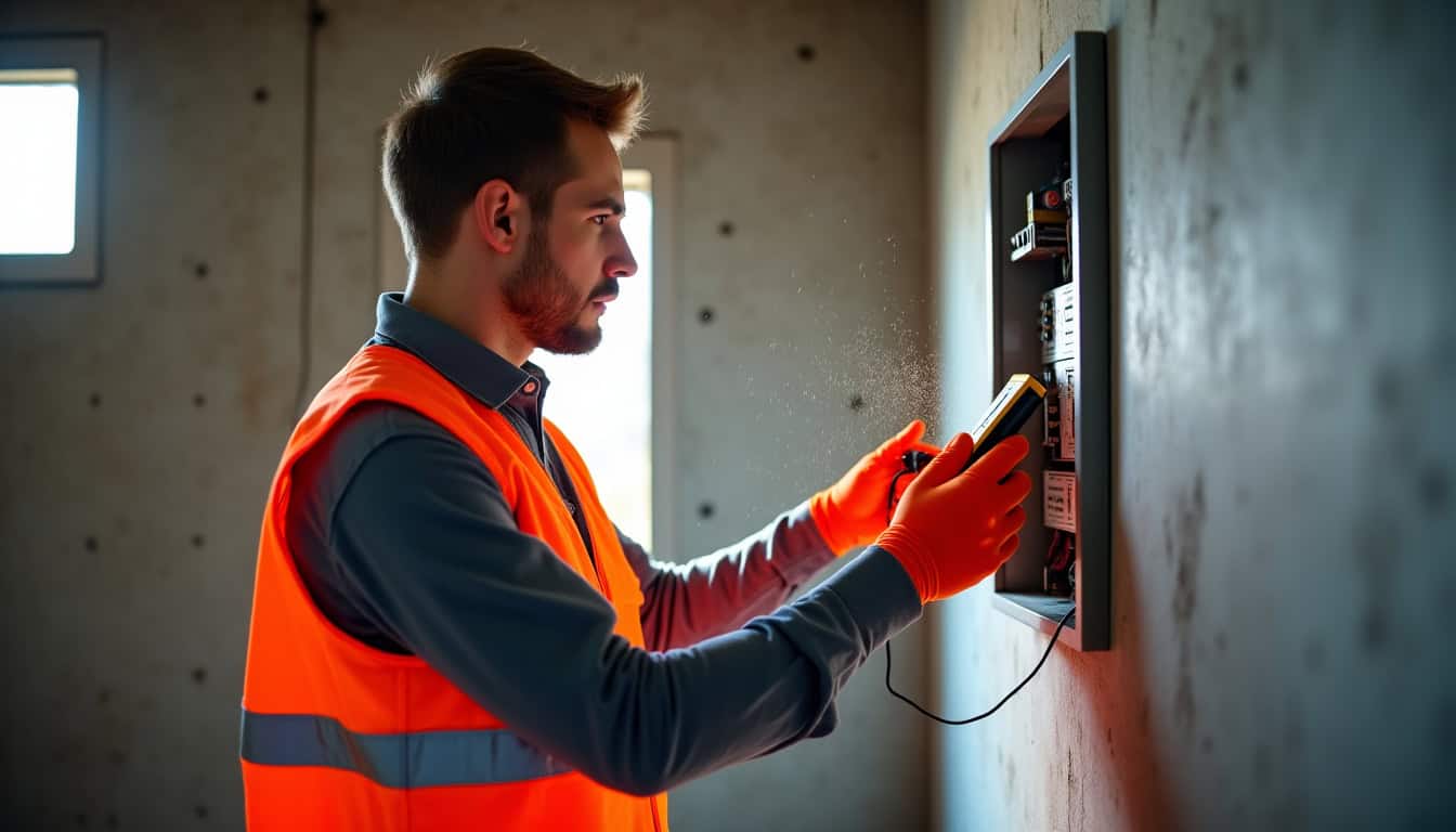 Technicien IRVE effectuant un diagnostic électrique avant installation de borne de recharge
