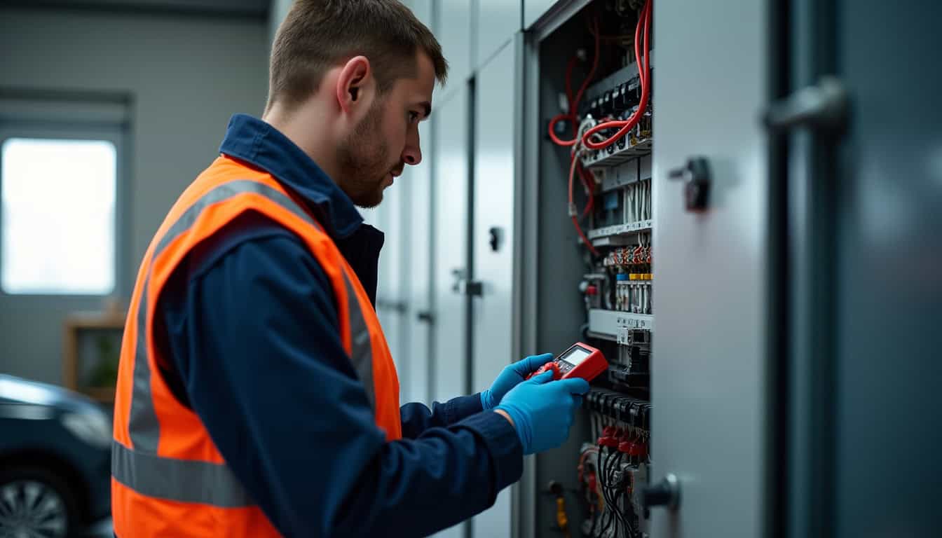 Technicien IRVE effectuant un diagnostic électrique dans un garage à Paulhan