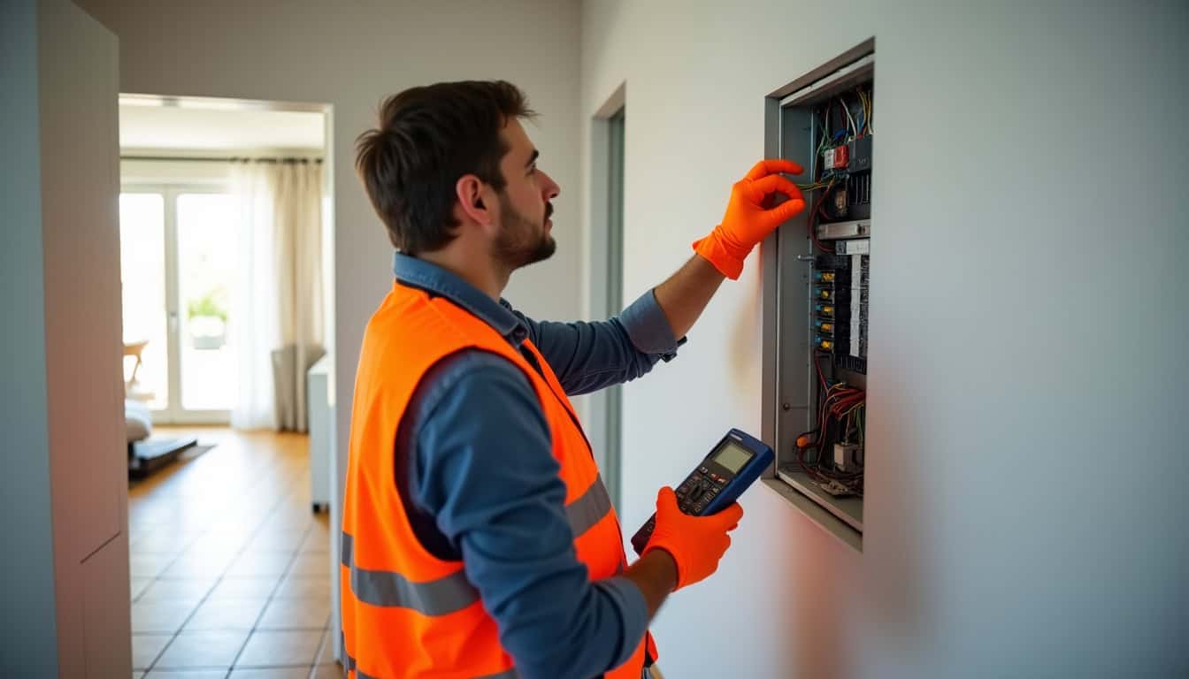 Technicien IRVE effectuant un diagnostic électrique dans une maison à Plumieux avant installation de borne