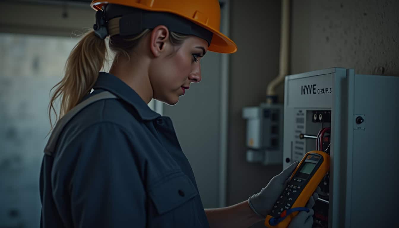 Technicien IRVE en train de réaliser un diagnostic électrique dans un garage