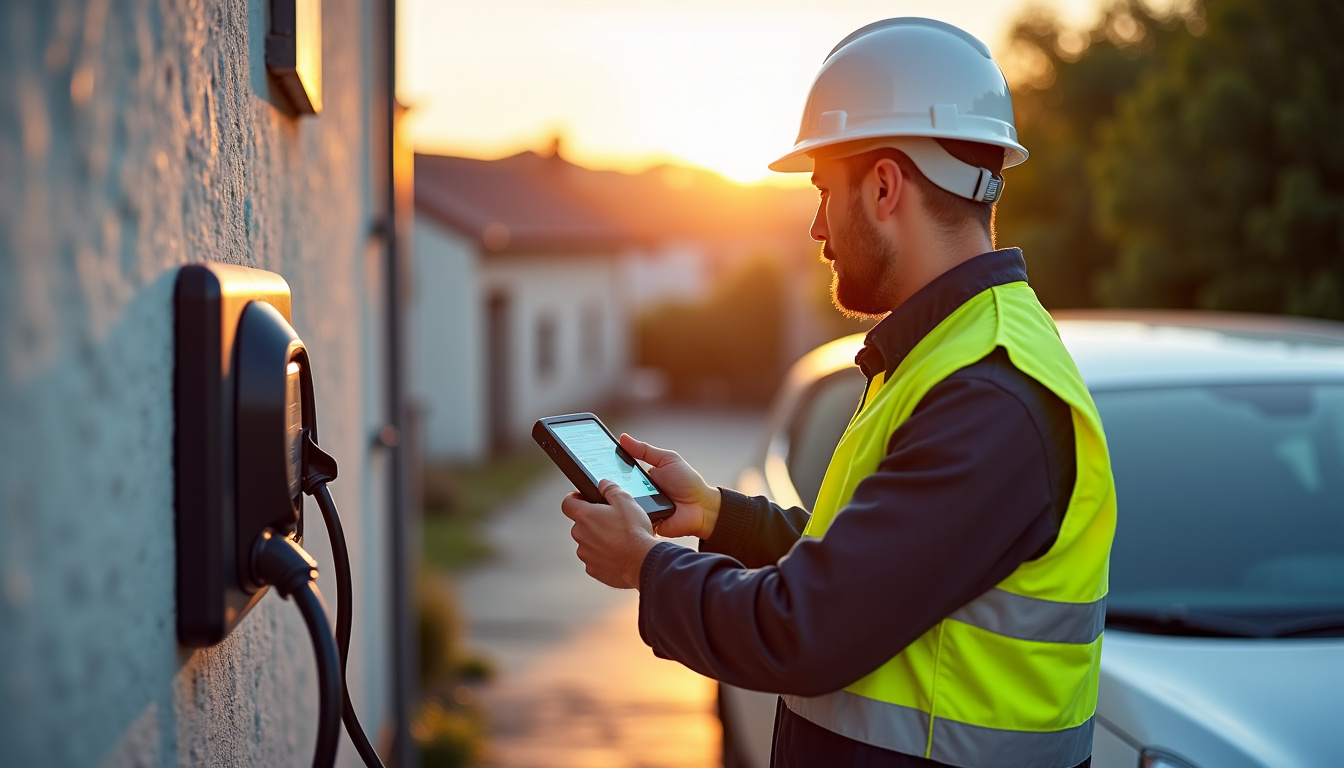 Technicien IRVE en train de tester une borne électrique nouvellement installée à Arnage