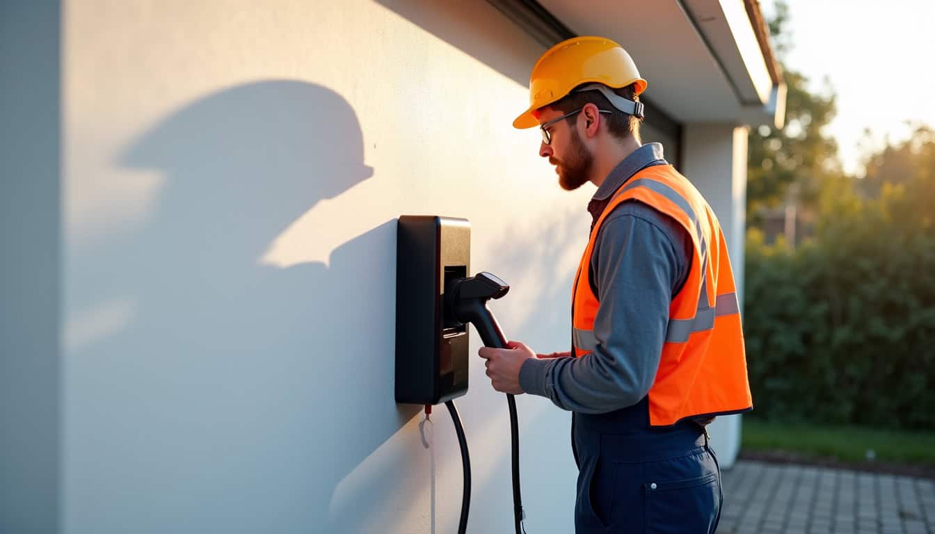Technicien IRVE en train d’installer une borne de recharge à Bartenheim
