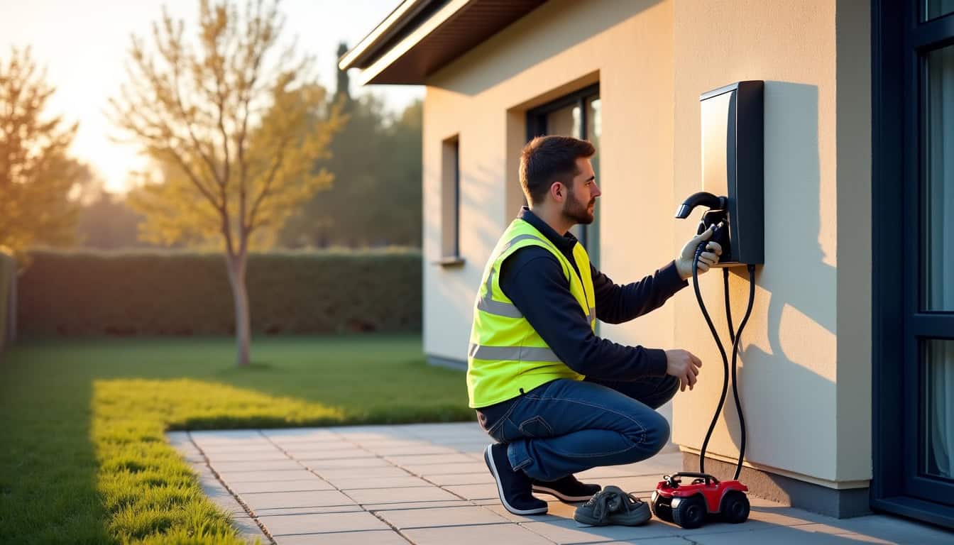 Technicien IRVE en train d’installer une borne de recharge à domicile à Tours-sur-Marne