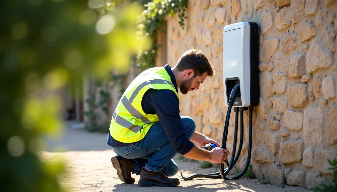 Technicien IRVE en train d’installer une borne de recharge à Entrecasteaux