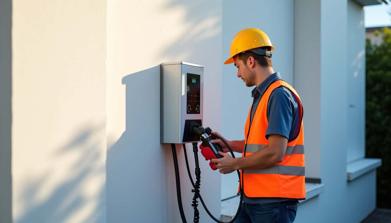 Technicien IRVE en train d’installer une borne de recharge à Gimont