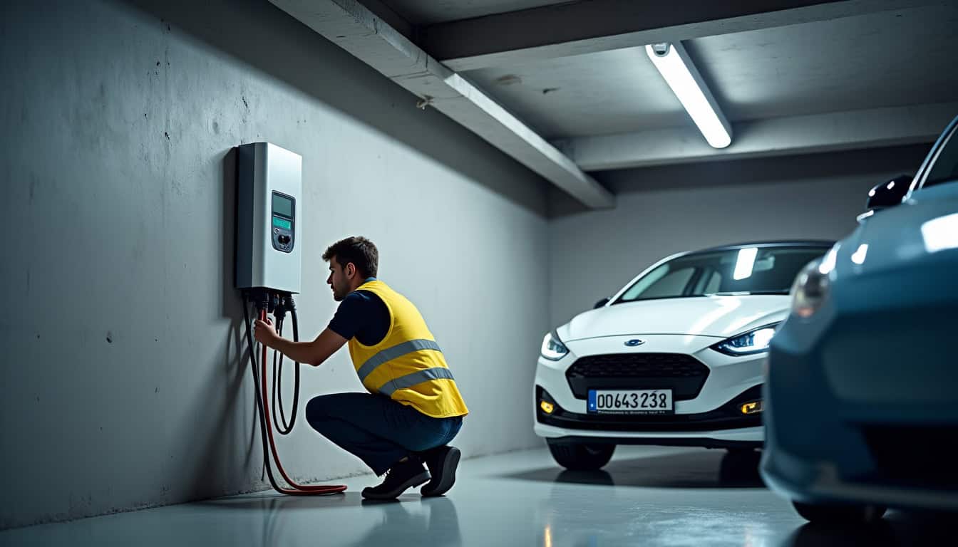 Technicien IRVE en train d’installer une borne de recharge dans un garage à Marsac-sur-l’Isle