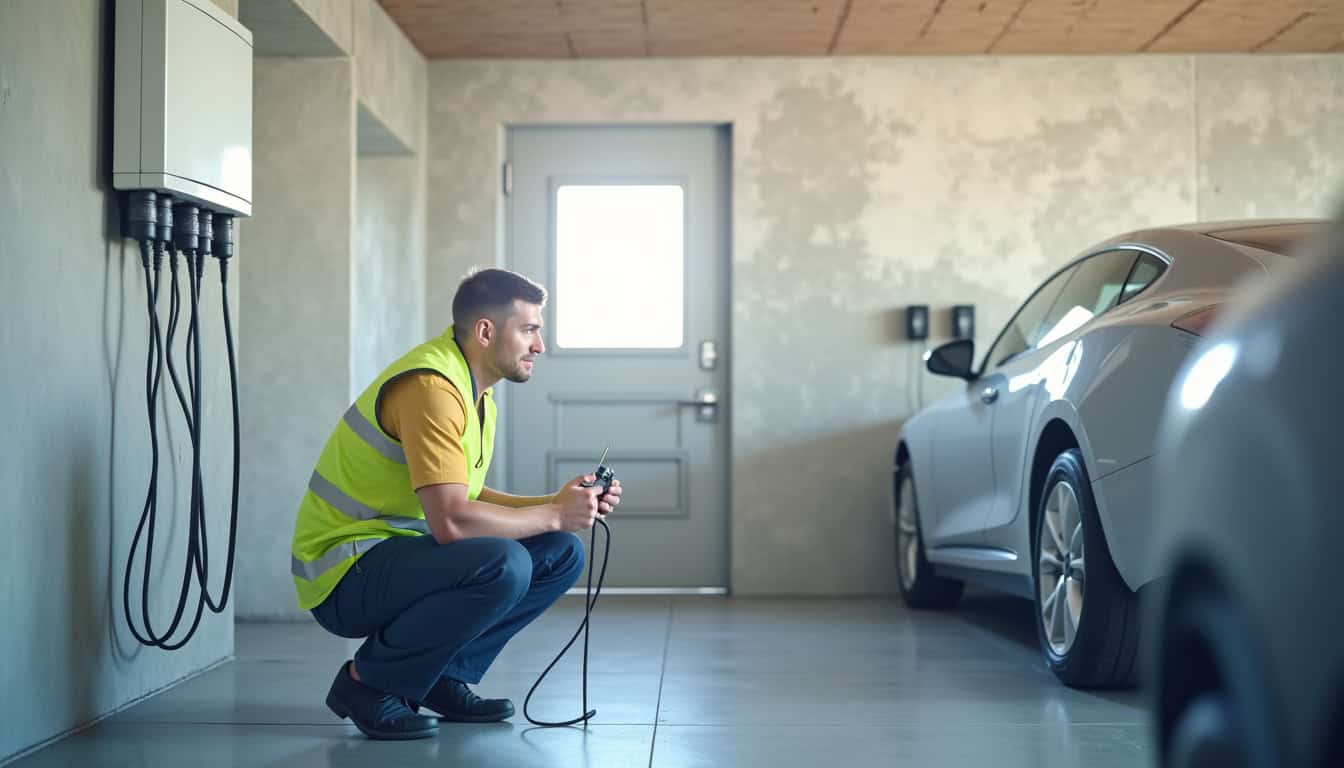 Technicien IRVE en train d’installer une borne de recharge dans un garage à Vaires-sur-Marne