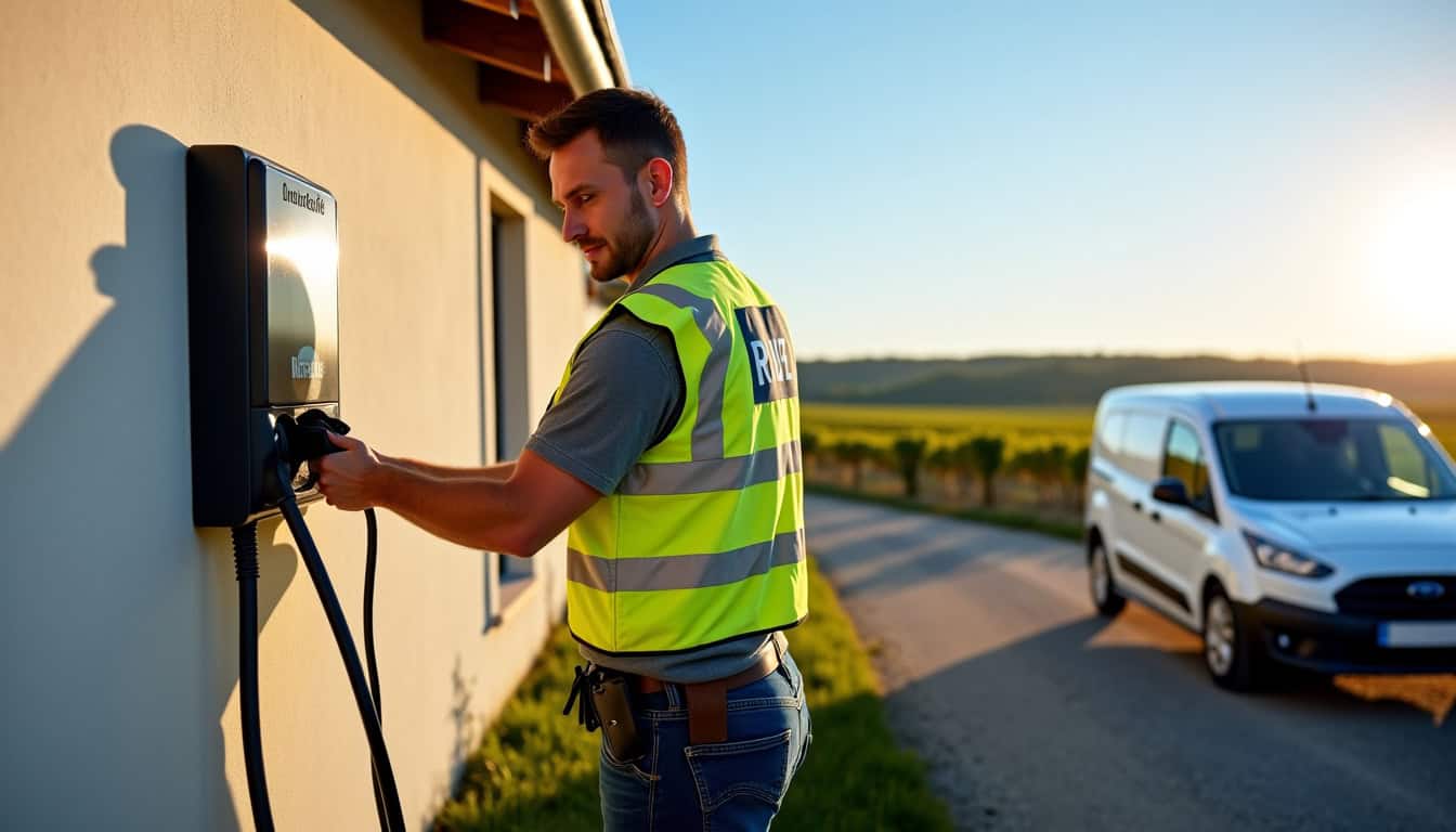 Technicien IRVE en train d’installer une borne de recharge électrique à Coteaux-sur-Loire
