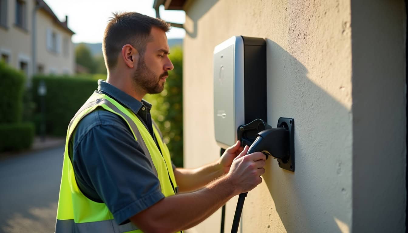 Technicien IRVE en train d’installer une borne de recharge électrique à Crottet