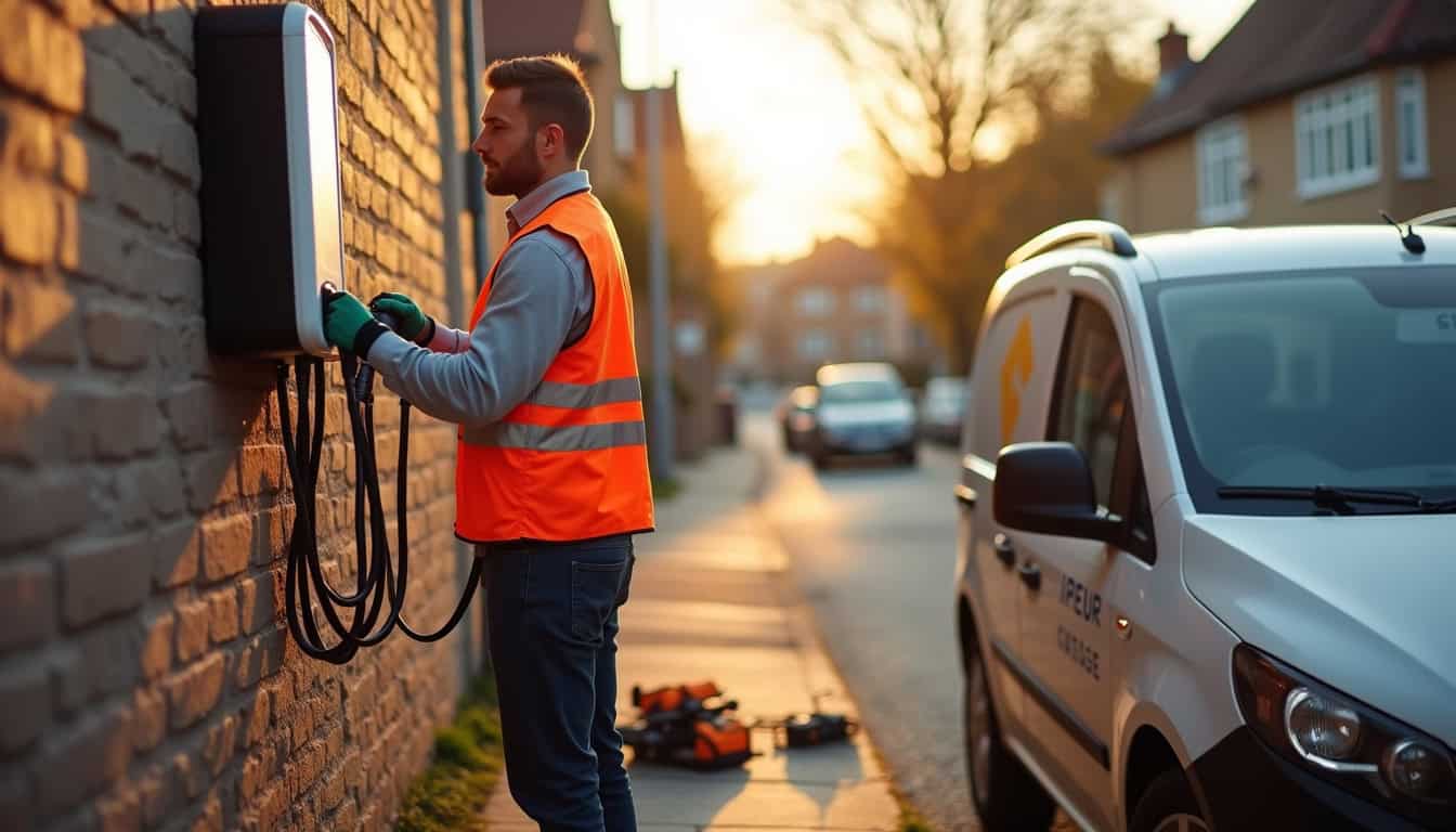 Technicien IRVE en train d’installer une borne de recharge électrique à Trun