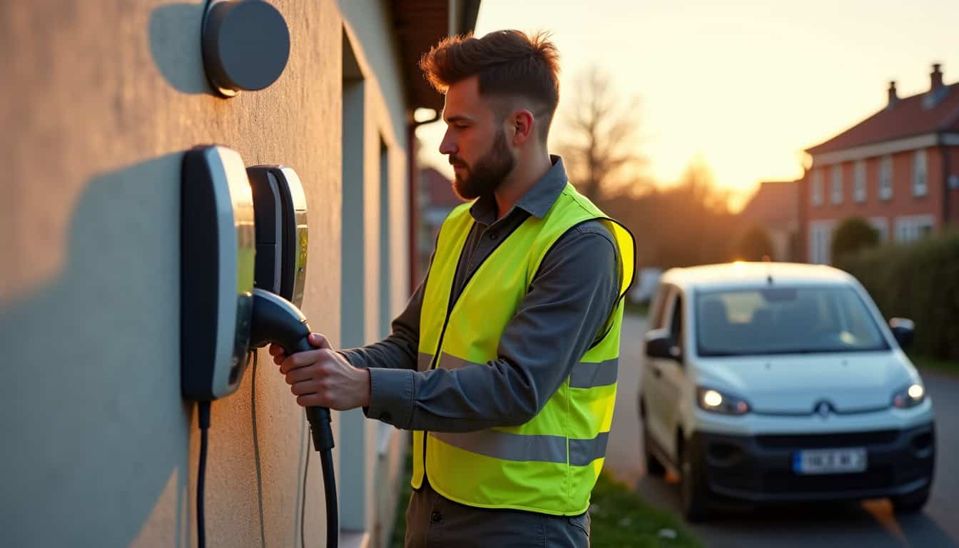 Technicien IRVE en train d’installer une borne de recharge électrique