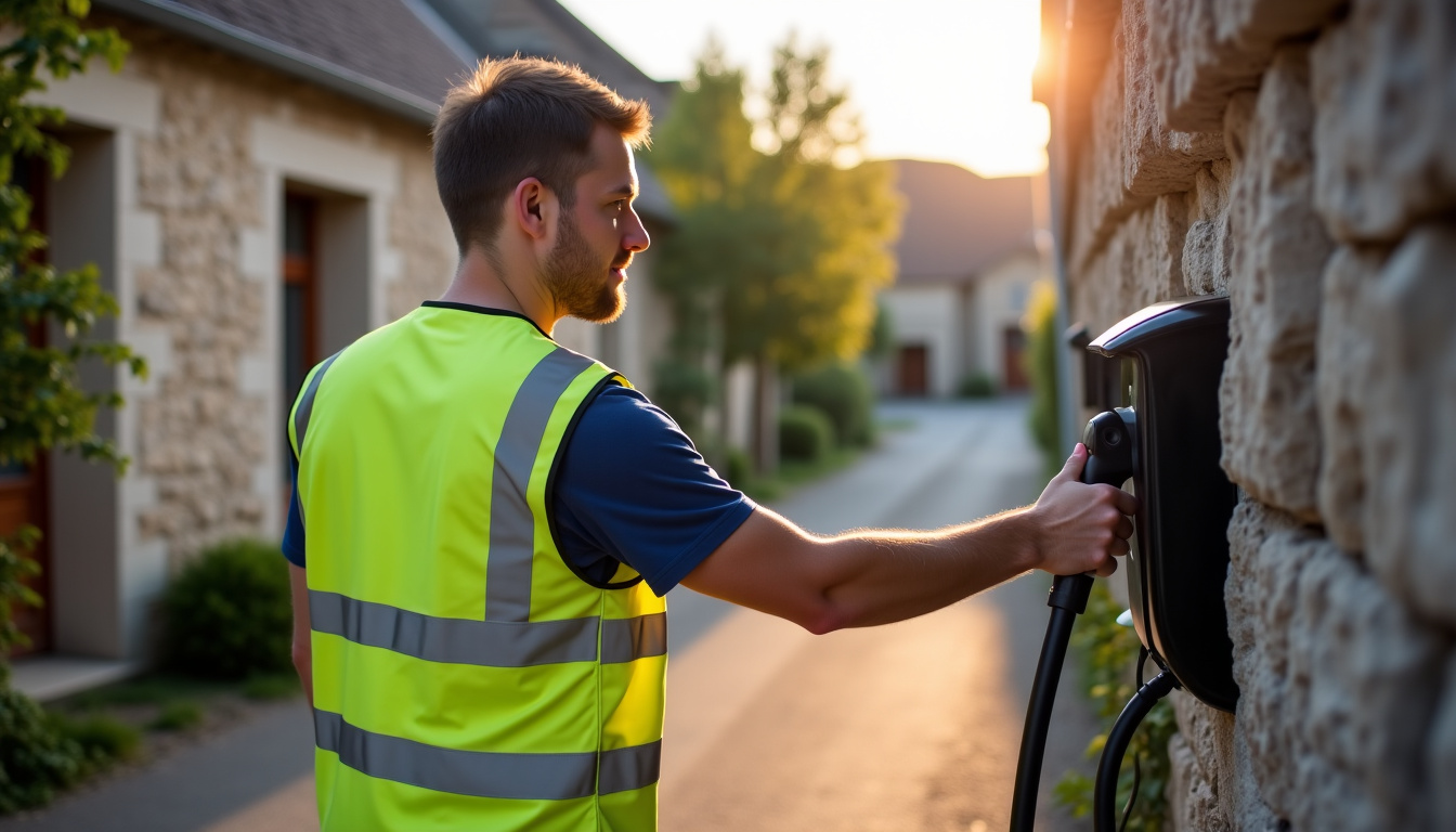 Technicien IRVE en train d’installer une borne électrique à Eyraud-Crempse-Maurens