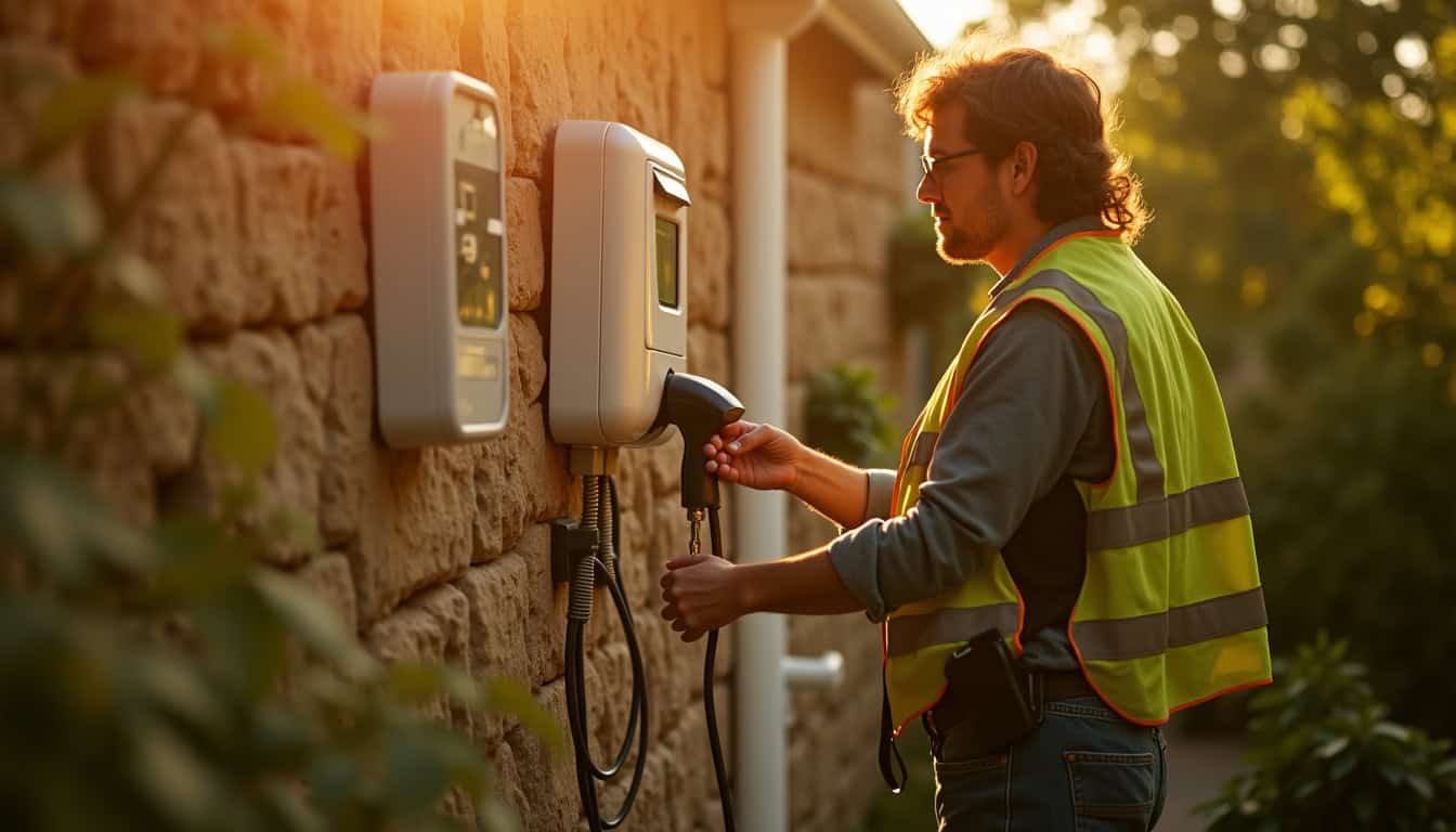 Technicien IRVE installant une borne de recharge sur un mur extérieur à Mornant