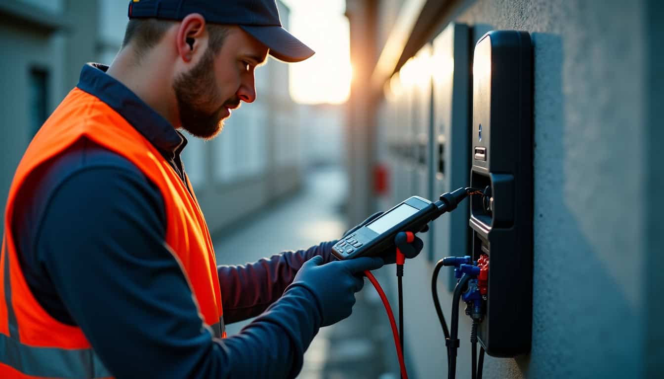 Technicien IRVE réalisant un diagnostic électrique avant installation à Saint-Pal-de-Mons