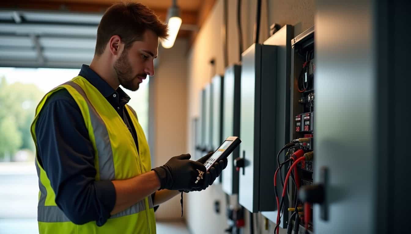 Technicien IRVE réalisant un diagnostic électrique avant installation d