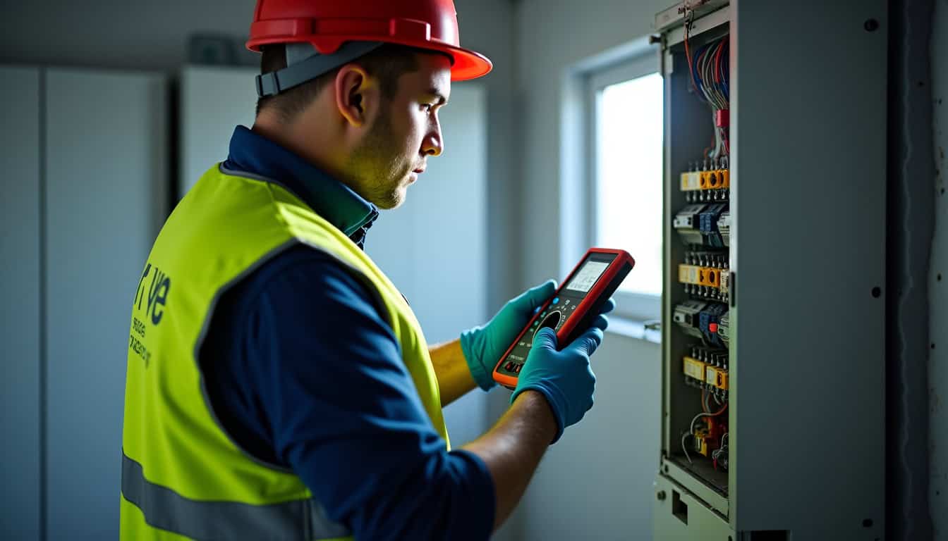 Technicien IRVE réalisant un diagnostic électrique avant installation de borne à Saint-Arnoult-en-Yvelines