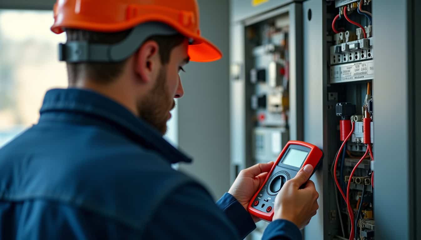 Technicien IRVE réalisant un diagnostic électrique avant installation de borne de recharge à Sourdeval