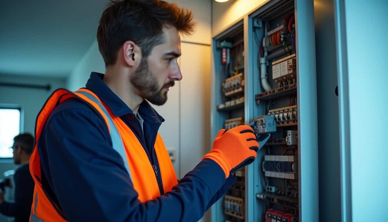 Technicien IRVE vérifiant le tableau électrique avant l