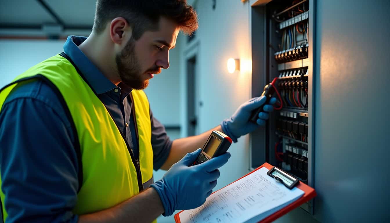 Technicien IRVE vérifiant le tableau électrique d