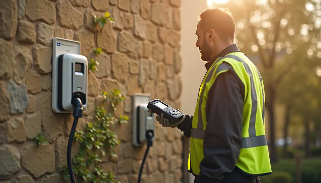 Technicien IRVE vérifiant l’installation d’une borne de recharge