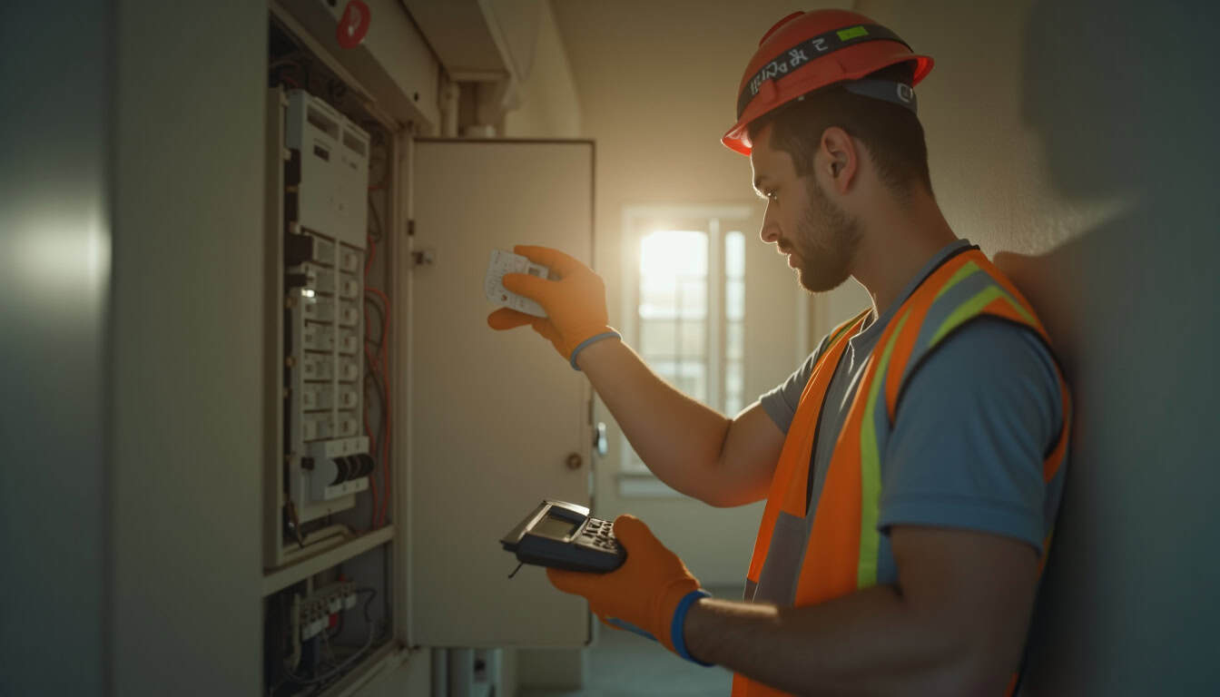 Technicien IRVE vérifiant un tableau électrique avant installation de borne