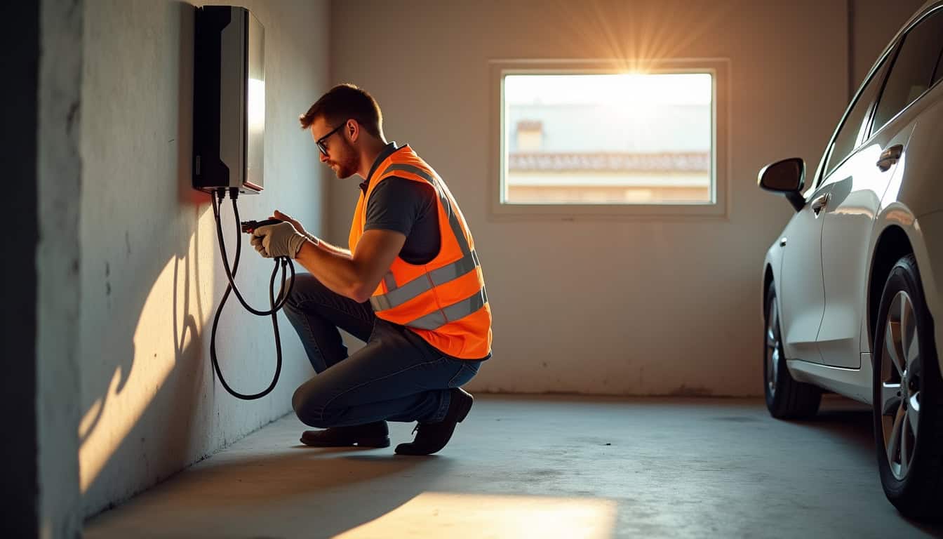 Technicien qualifié IRVE en train de raccorder une borne de recharge électrique dans un garage à Rieux-de-Pelleport