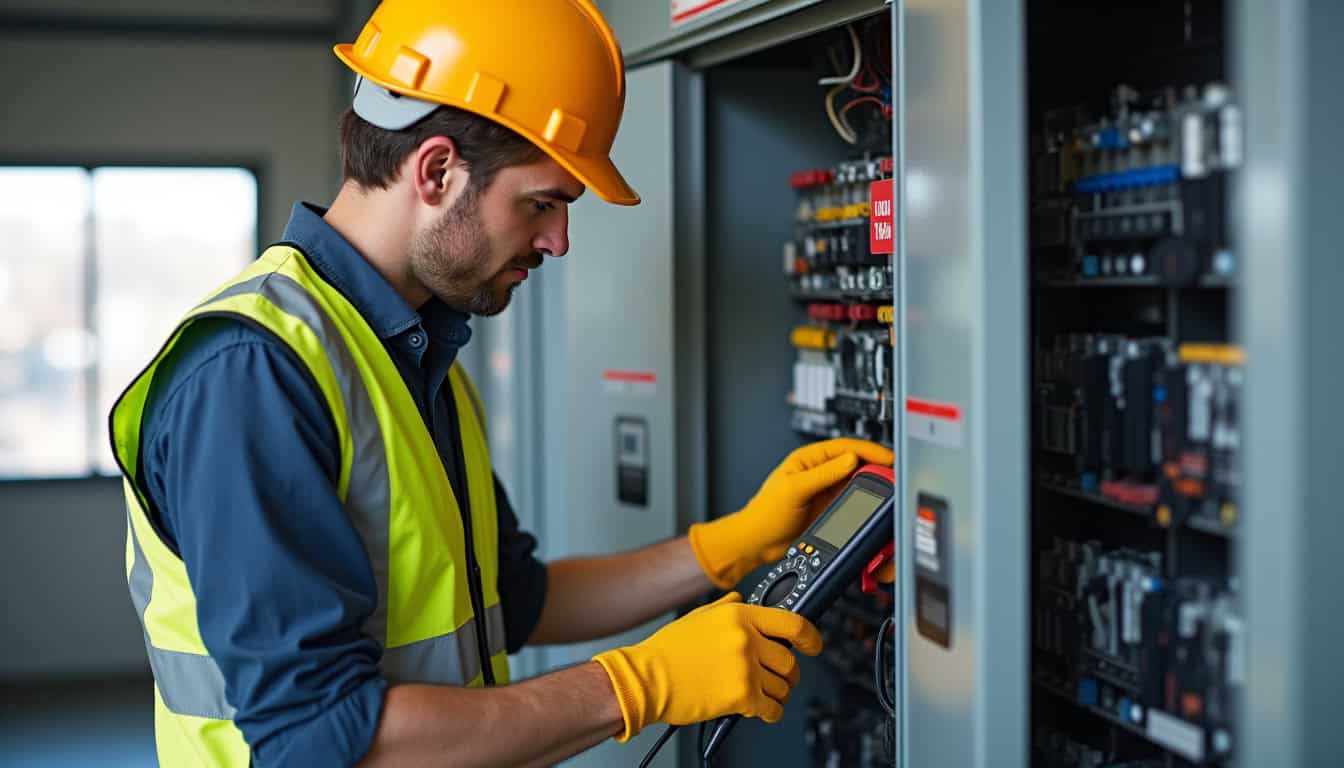 Technicien réalisant un diagnostic électrique avant installation d