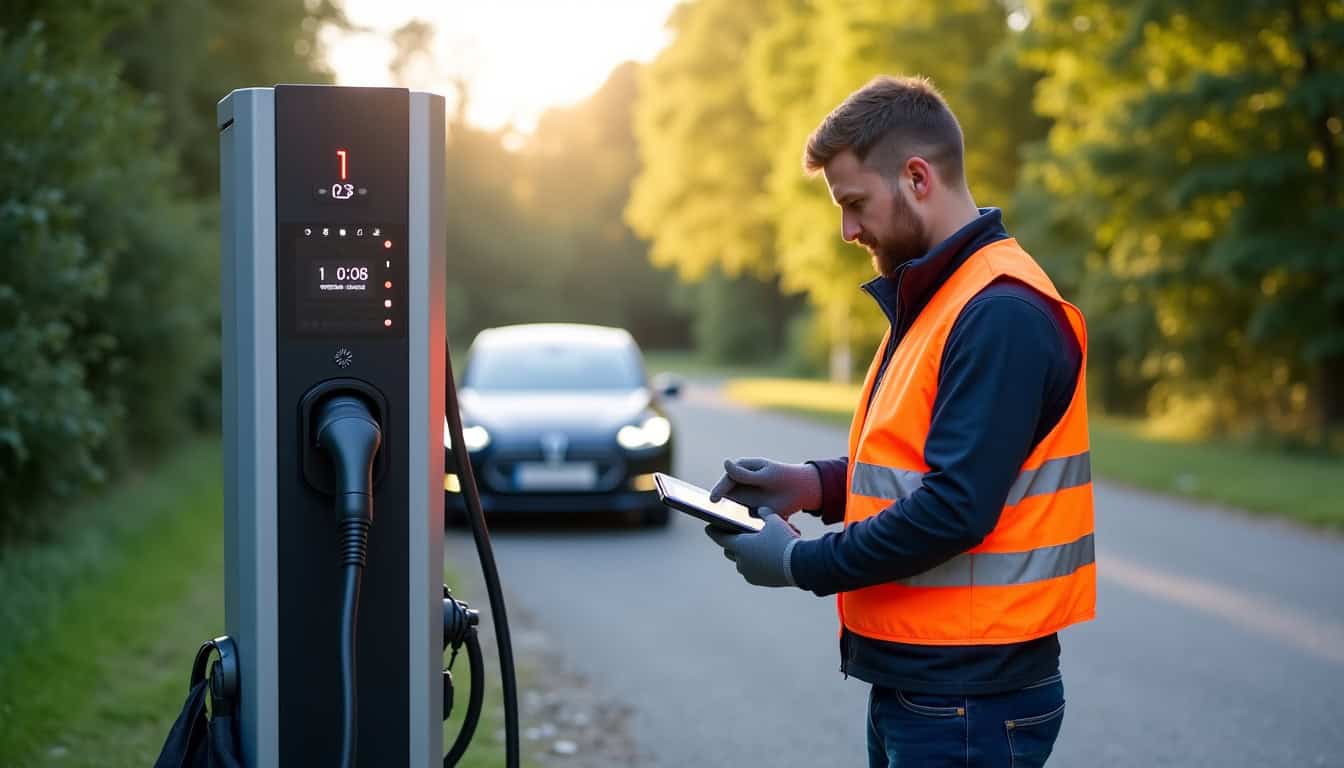 Technicien vérifiant une borne de recharge connectée à Masevaux-Niederbruck