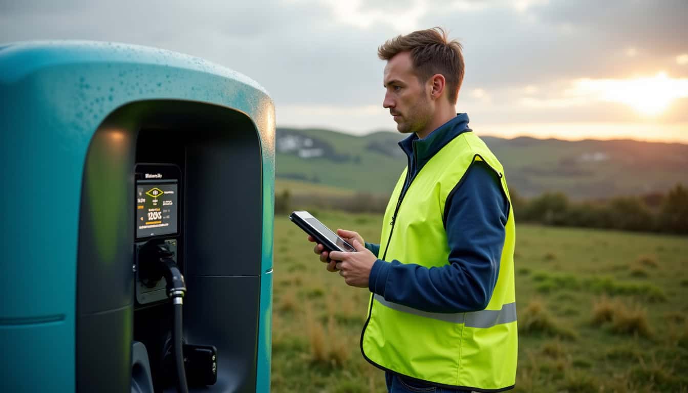 Technicien vérifiant une borne de recharge dans les Côtes-d