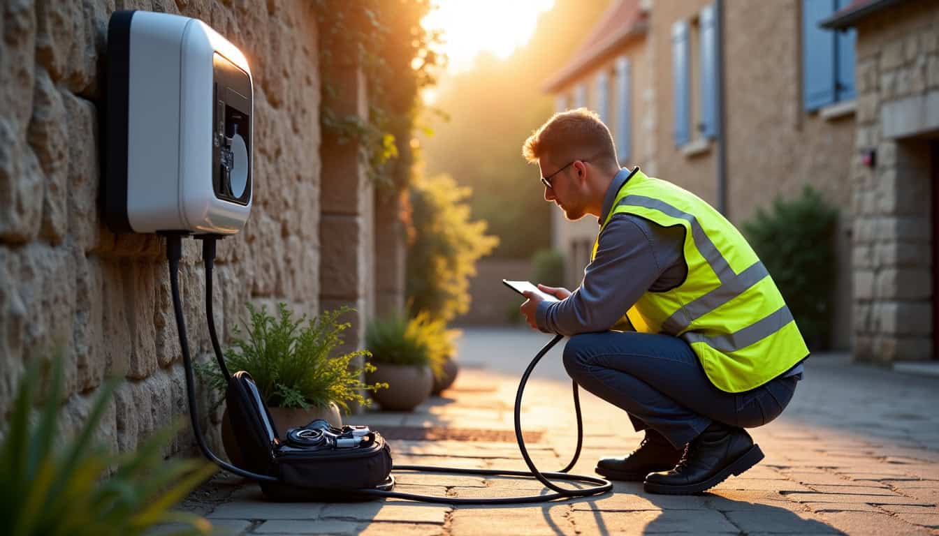 Technicien vérifiant une borne de recharge électrique à Saint-Maurice-la-Souterraine