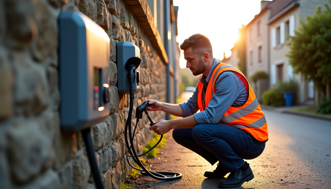 Technicien vérifiant une borne de recharge électrique en extérieur