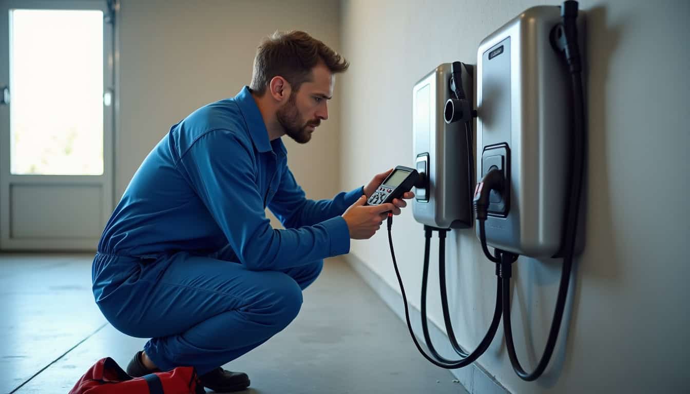 Technicien vérifiant une borne de recharge murale à domicile