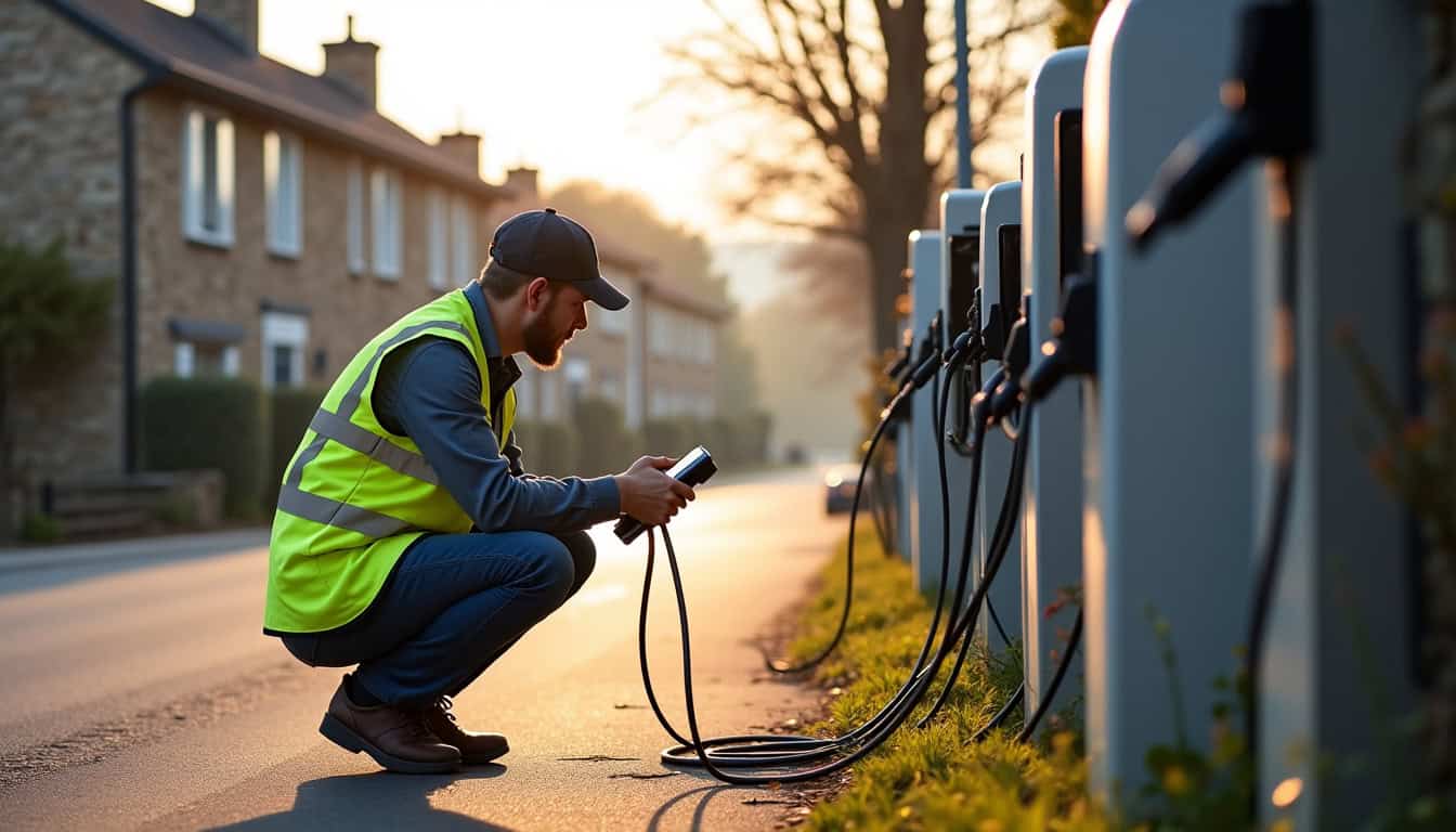 Technicien vérifiant une borne électrique à Saint-Pierre-la-Cour