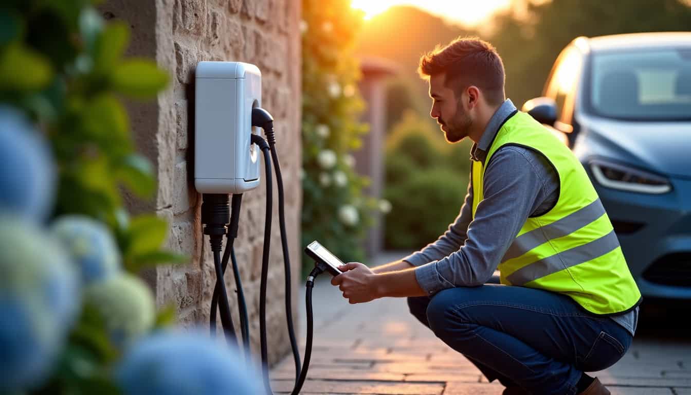 Technicien vérifiant une borne électrique après installation à Bazeilles
