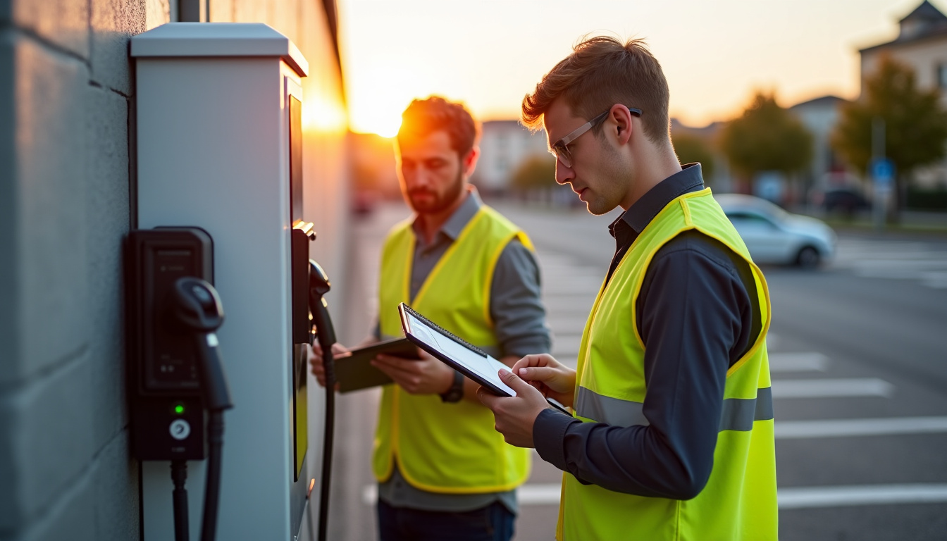 Techniciens en train de tester une borne de recharge après installation à Gannat