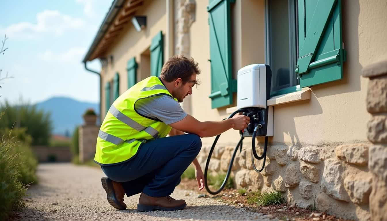 Un électricien certifié IRVE en intervention à Malemort-du-Comtat, installant une borne de recharge électrique