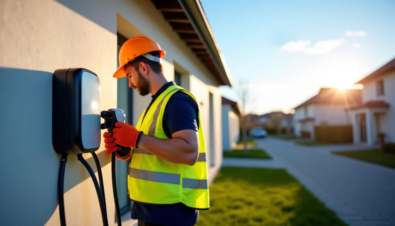 Un électricien certifié IRVE en train d’installer une borne murale