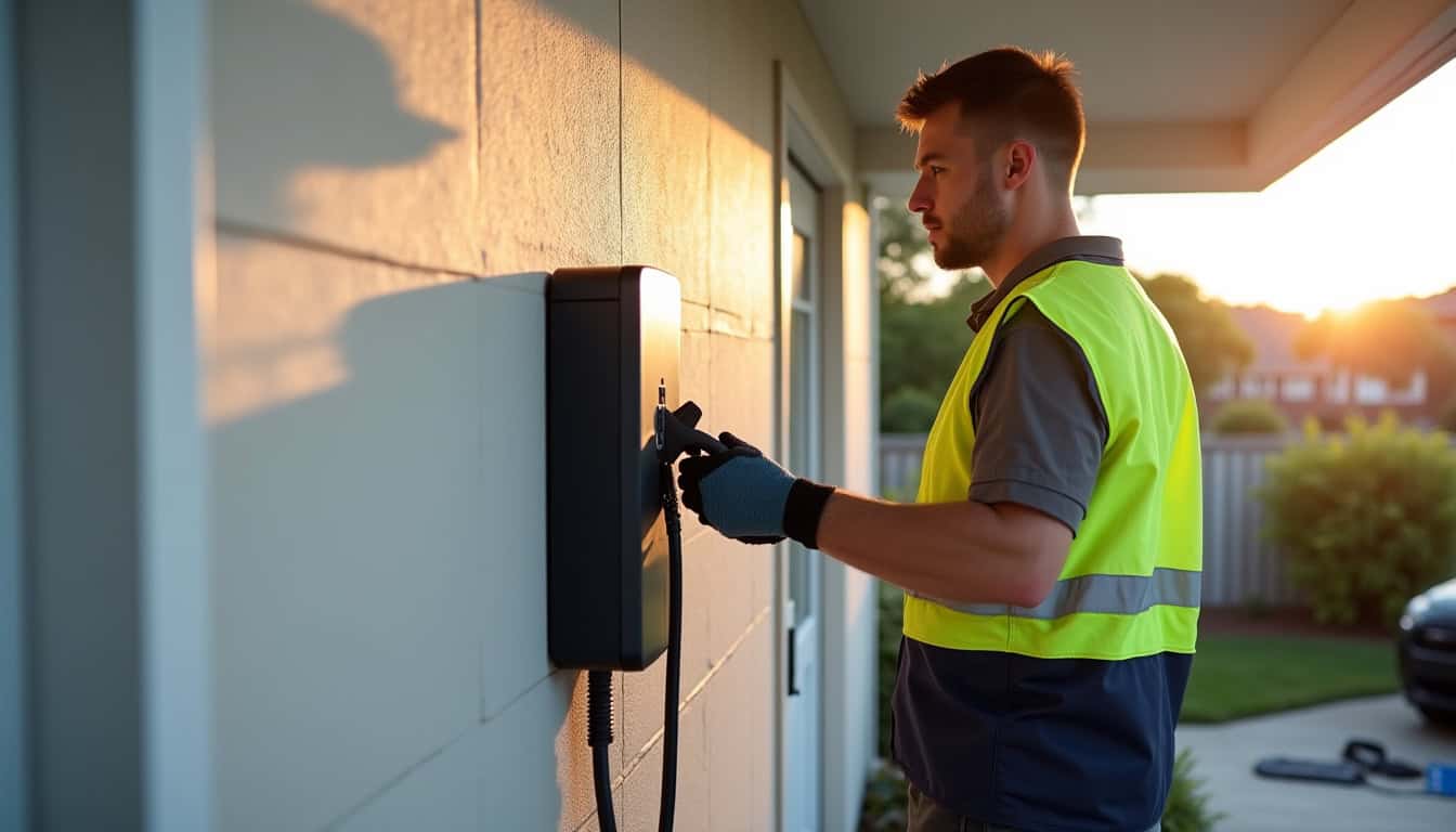 Un électricien certifié IRVE installe une borne de recharge sur le mur d