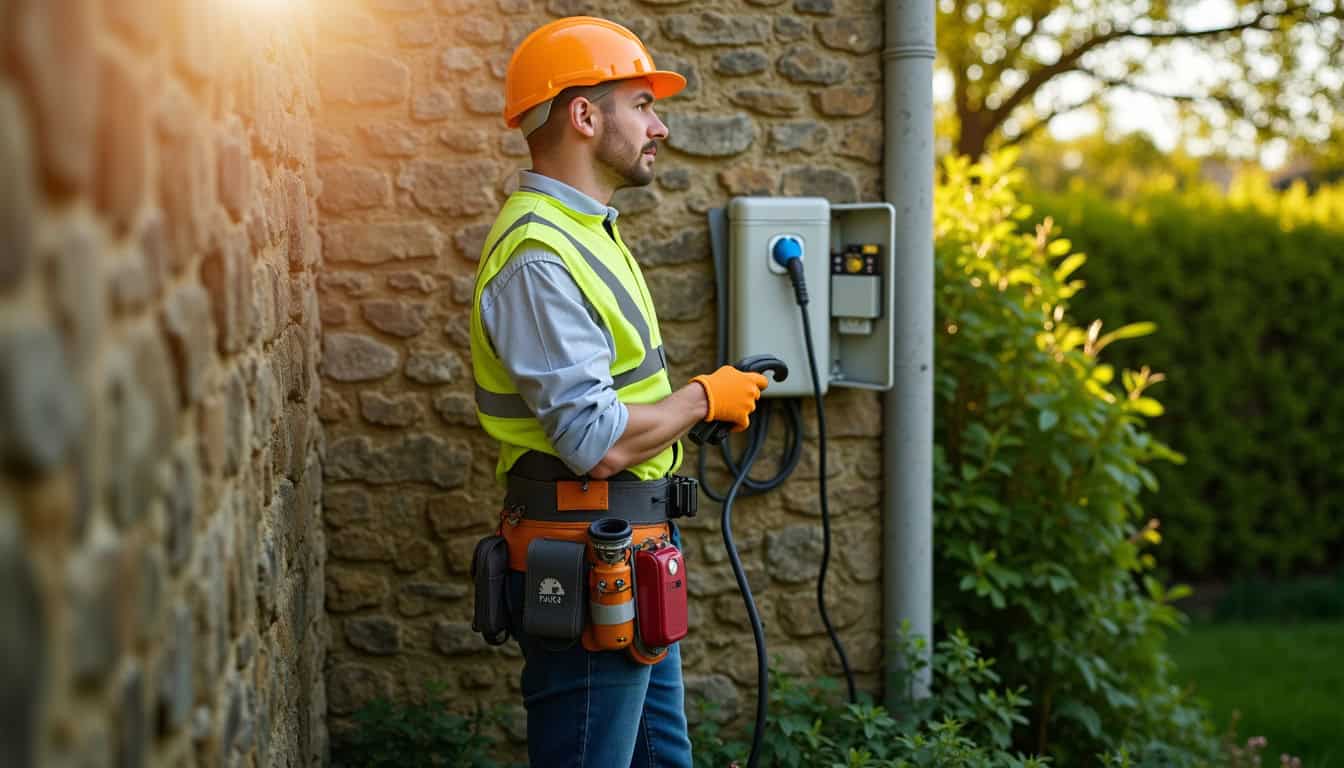 Un électricien en tenue de travail installant une borne de recharge électrique sur un mur extérieur