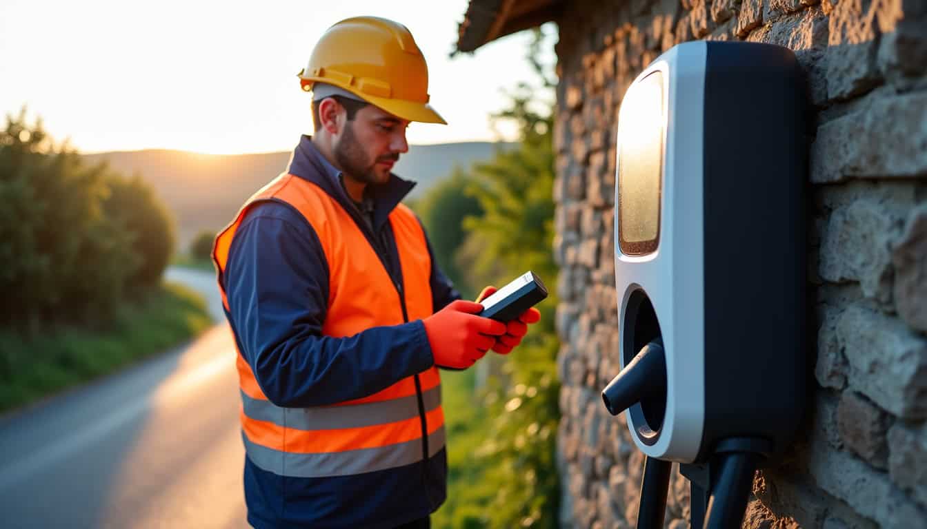 Un électricien en train de tester une borne de recharge installée dans le Morbihan