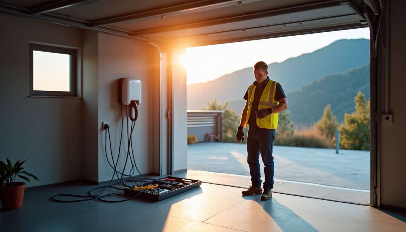 Un électricien professionnel en train d’installer une borne de recharge murale à Val-d