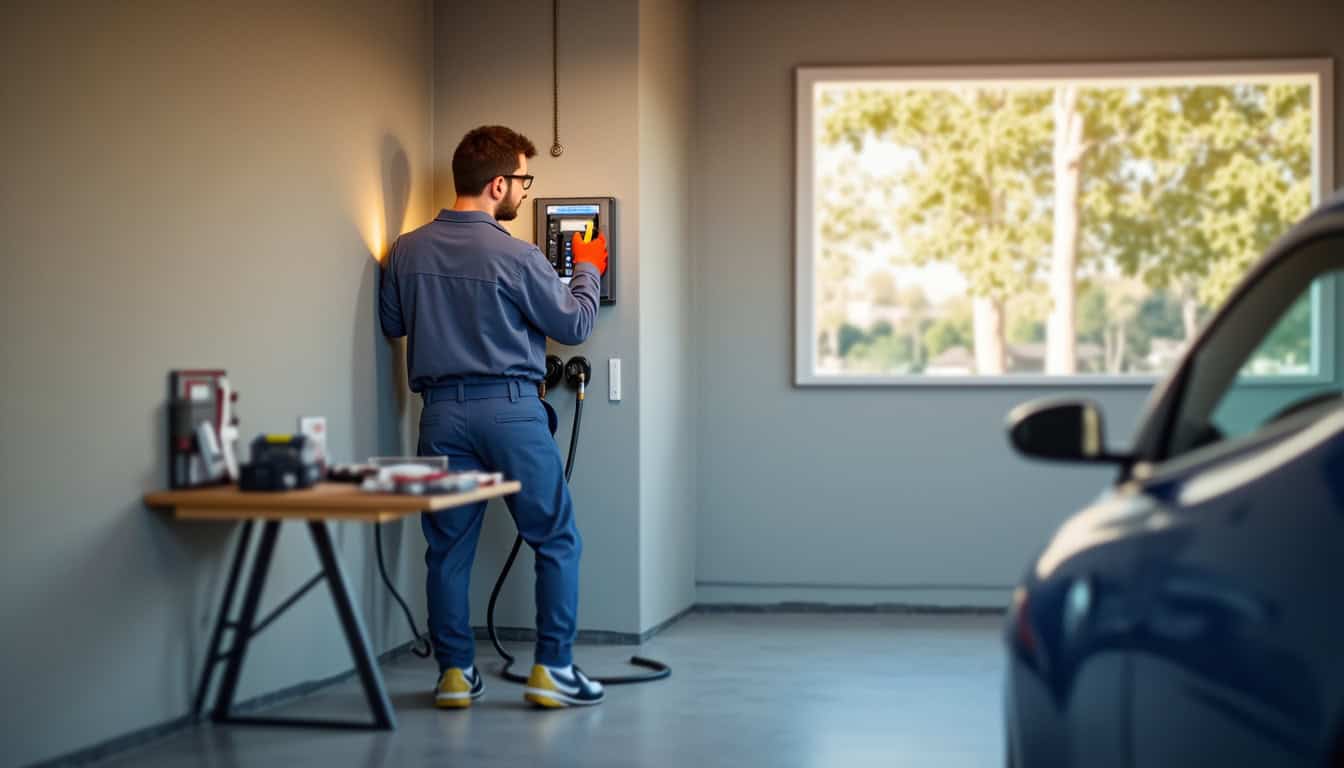 Un électricien professionnel installe une borne de recharge murale dans un garage à Berlaimont