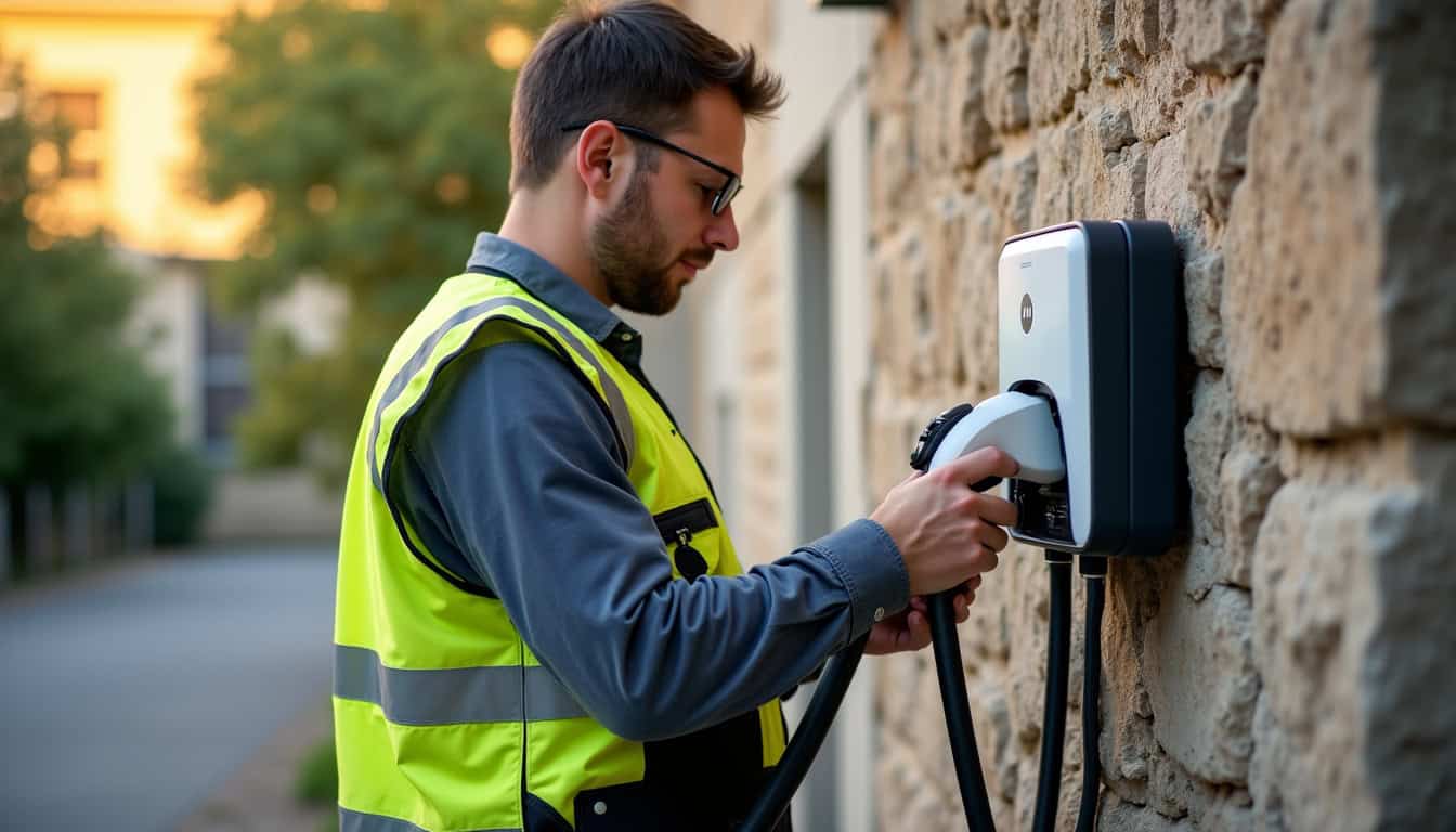 Un installateur certifié IRVE en train de raccorder une borne de recharge sur un mur extérieur à Villeveyrac