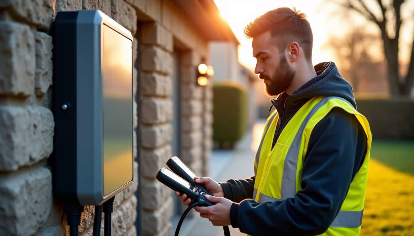 Un installateur certifié IRVE testant une borne de recharge à Ballancourt-sur-Essonne