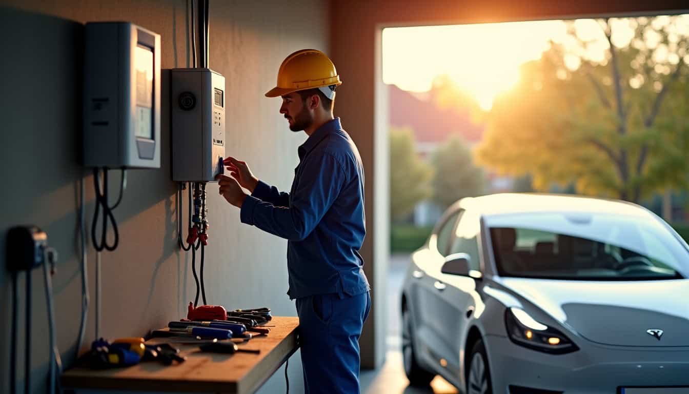 Un installateur certifié IRVE travaillant sur une installation électrique pour une borne de recharge à Arbanats
