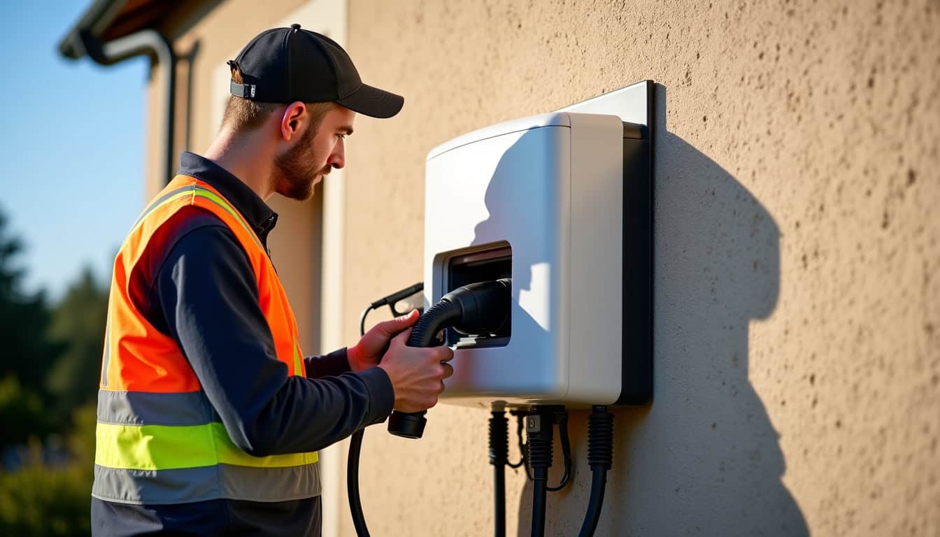 Un installateur IRVE en train de fixer une borne de recharge sur un mur extérieur
