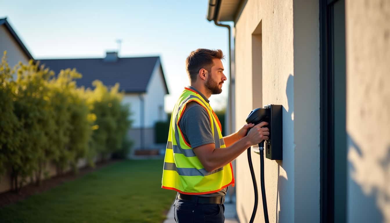 Un installateur IRVE en train de fixer une wallbox sur un mur extérieur à Launaguet